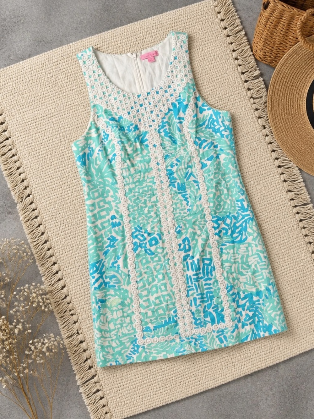 Lilly Pulitzer Aqua, Turquoise & White Crochet-Trim Sleeveless Tunic